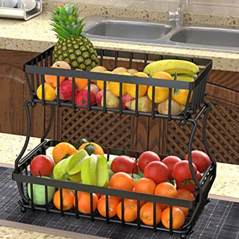 Cesta de frutas de metal de 2 capas, estante de almacenamiento para encimera para cocina, baño, sala de estar - Desmontable, negro