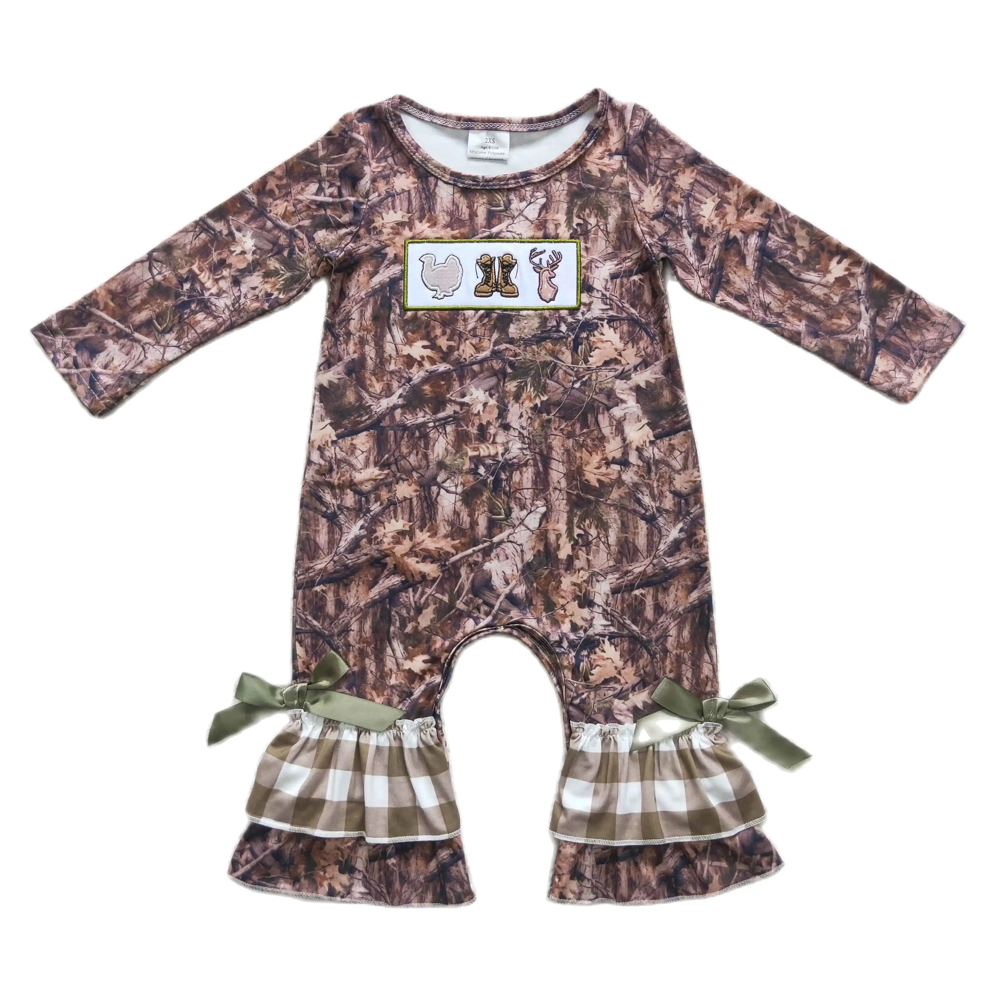 Wholesale Baby Girls Thanksgiving Jumpsuit Toddler Embroidered Turkey Boots Deer Leaf Hidden Button Romper