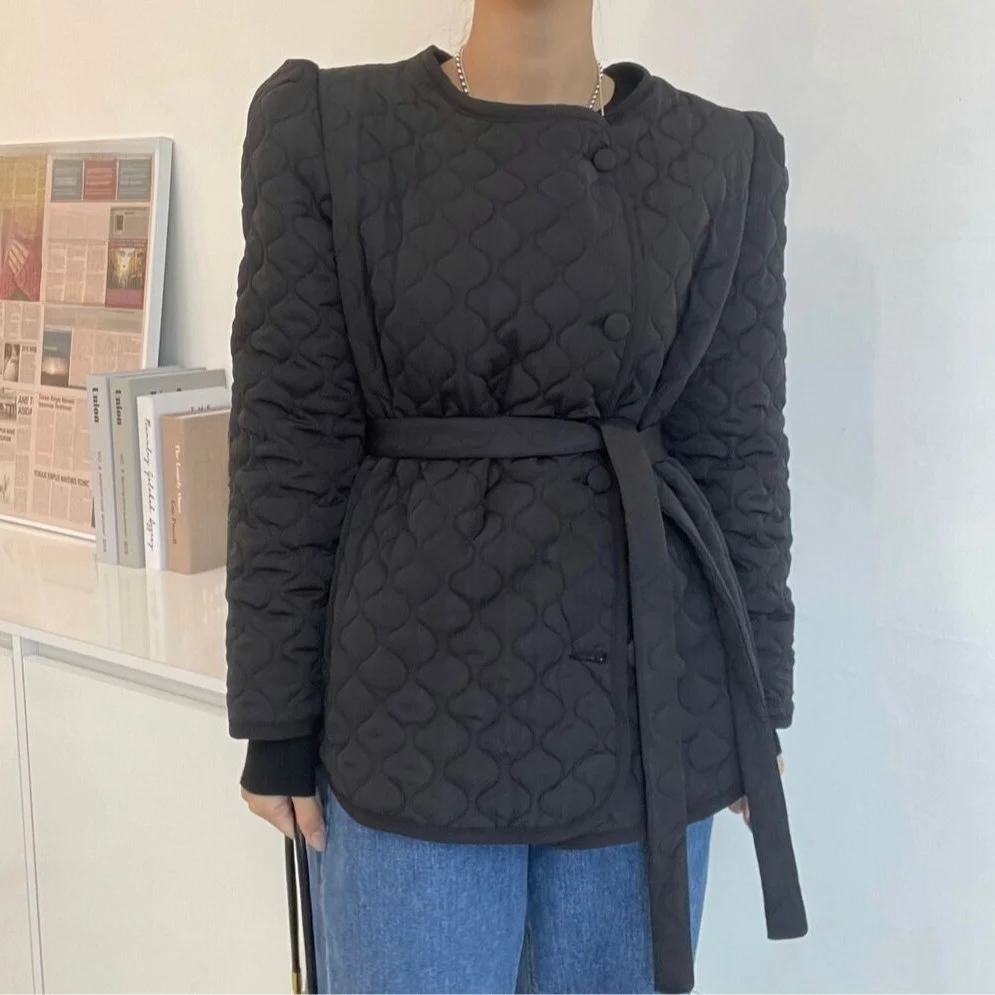 Retro Cotton Jaet Women's round Ne Simple Faion Single Button Belted Waist Cotton Clothes Autumn Winter Commute Sle