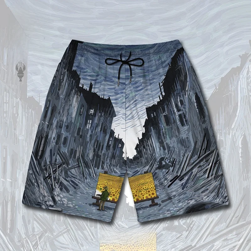 

Hand-Painted Large Size Men's orts Casual Pants with Famous Van Gogh Suower Design American European Sle Summer Faion