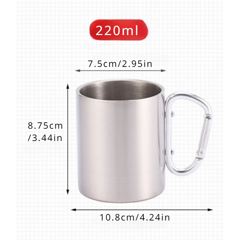 Copo de aço inoxidável para camping, mosquetão, alça de gancho, caneca d'água, viagens ao ar livre, caminhadas, caneca portátil, 220 ml, 300ml