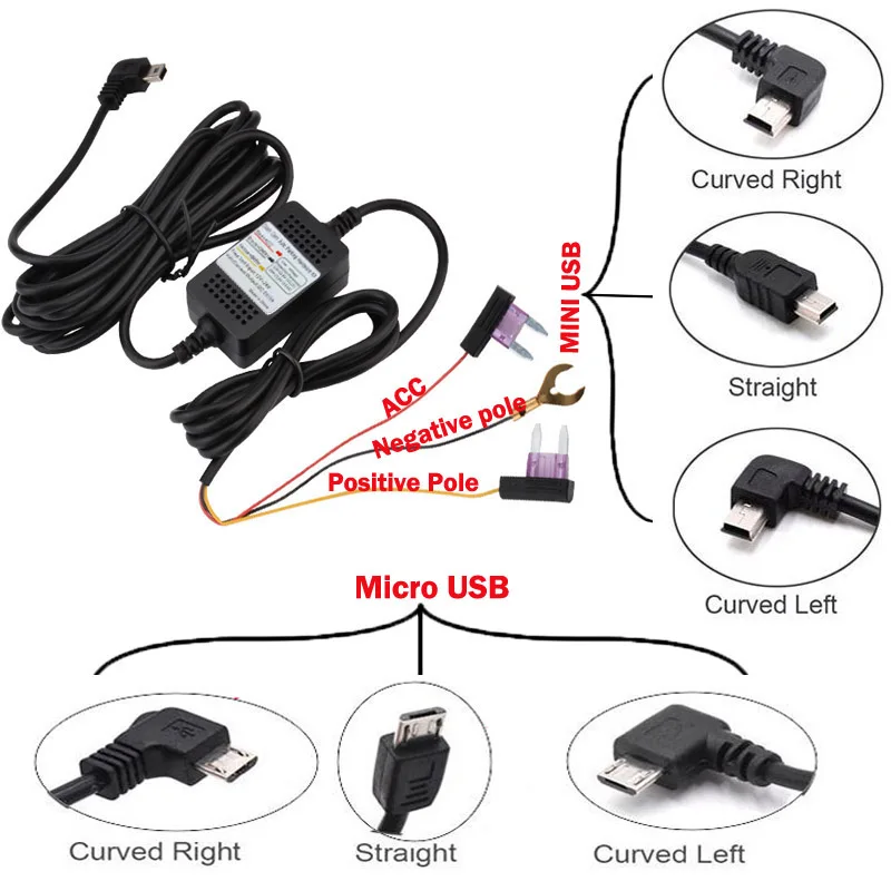 12V/24V 3A Dash Cam Cable Mini Micro USB Car Charger 24h Parking Buck Line DVR Step-down Three-core Lines Charging Cables