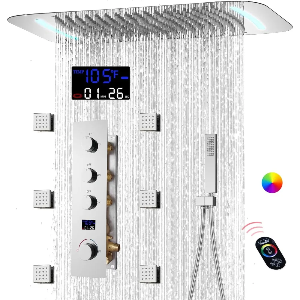 

Digital Display Full Body Shower System with 16x26 Inch Ceiling Rain LED Shower Head and Handheld Shower