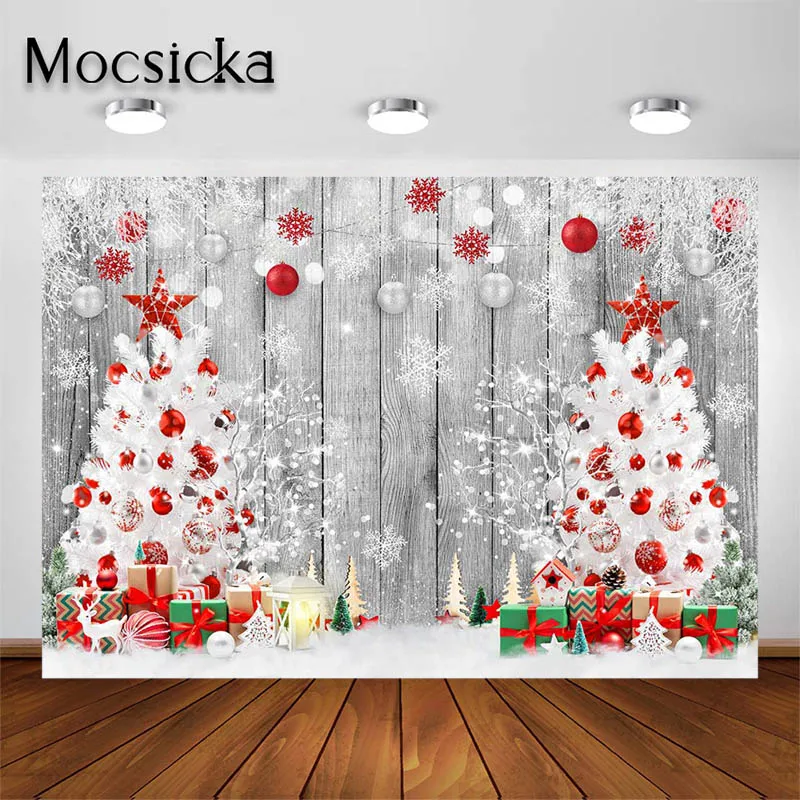 

Mocsicka Christmas Photo Backdrop for Portrait Pet Photography Background White Wooden Wall Trees Party Decorations Studio Props