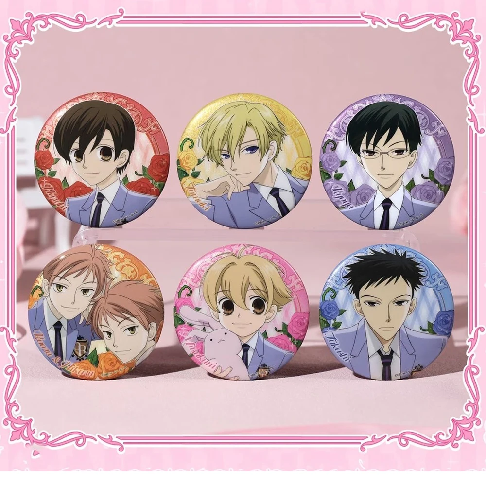 6pcs/set Anime Ouran High School Host Club Fujioka Haruhi Kyoya Ootori Tamaki Suou Cosplay Badge Tinplate Brooches Gifts