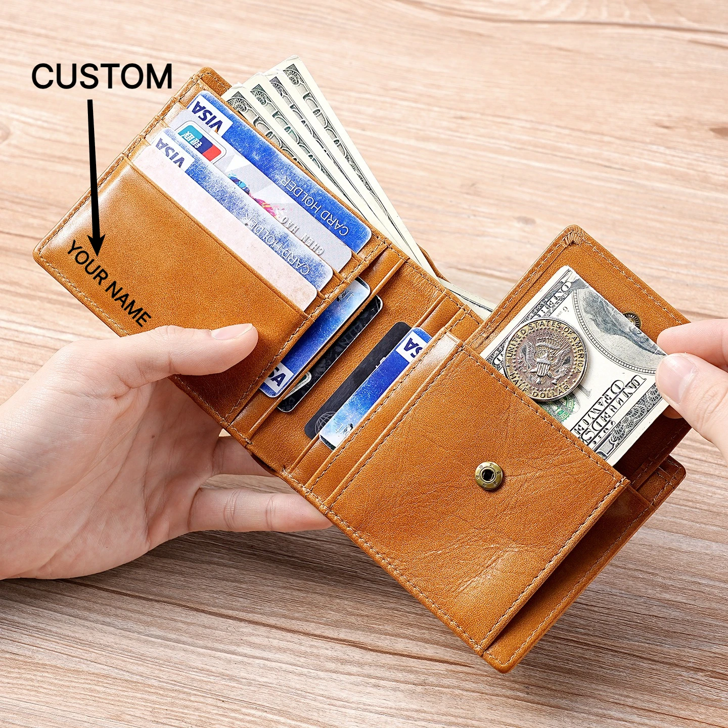 Custom Engravable Logo RFID Blocking Anti-theft Oil Wax First-layer Cowhide Short Men's Wallet Card Holder European American