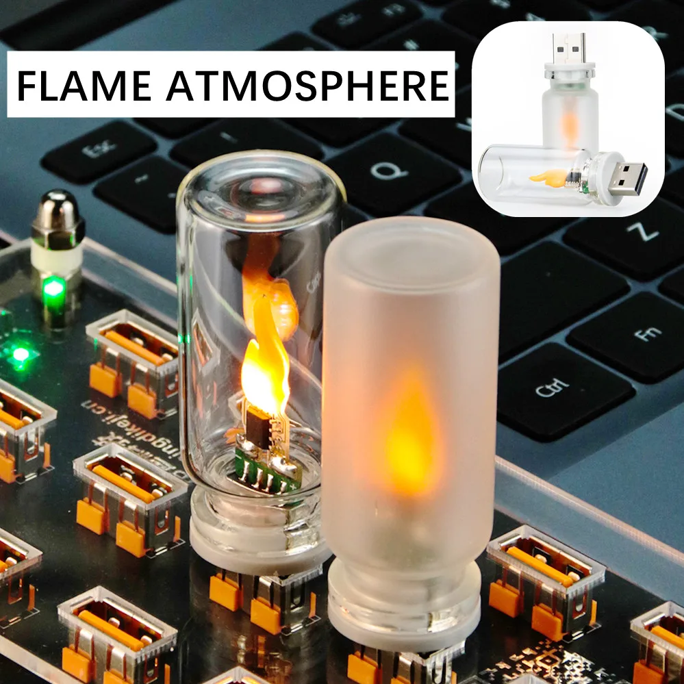 USB LED Flame Type Night Light Frosted Clear Glass Flickering Dynamic Flame Light Mood Lighting for Car Interior Home Lamp