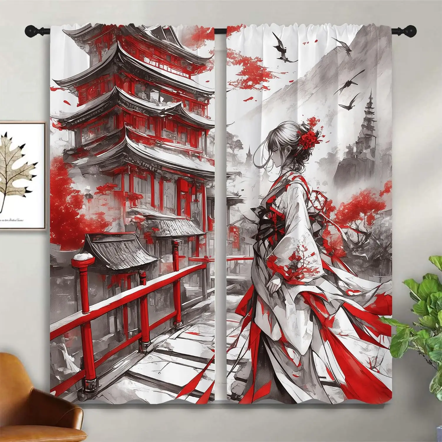 Ink Kimono Lady Red Pagoda Mountain Bird Mist Blackout Rod Pocket Curtain Oriental Retro Elegant Bedroom Rest Bay Window