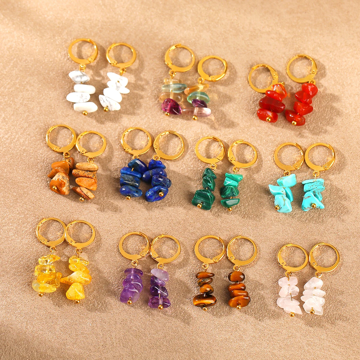 Natural Crystal Tiger Eye Lapis Lazuli Gravel Stainless Steel Earring Women Reiki Healing Irregular Earring Fashion Jewelry Gift