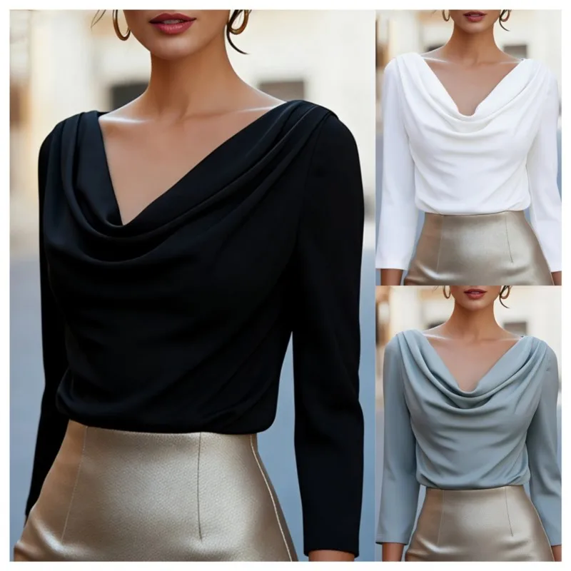 

Black White Blouses Women's Clothing Spring Summer Casual New Solid Drape Pleated V-neck Top Fashion Shirt For Women Streetwear