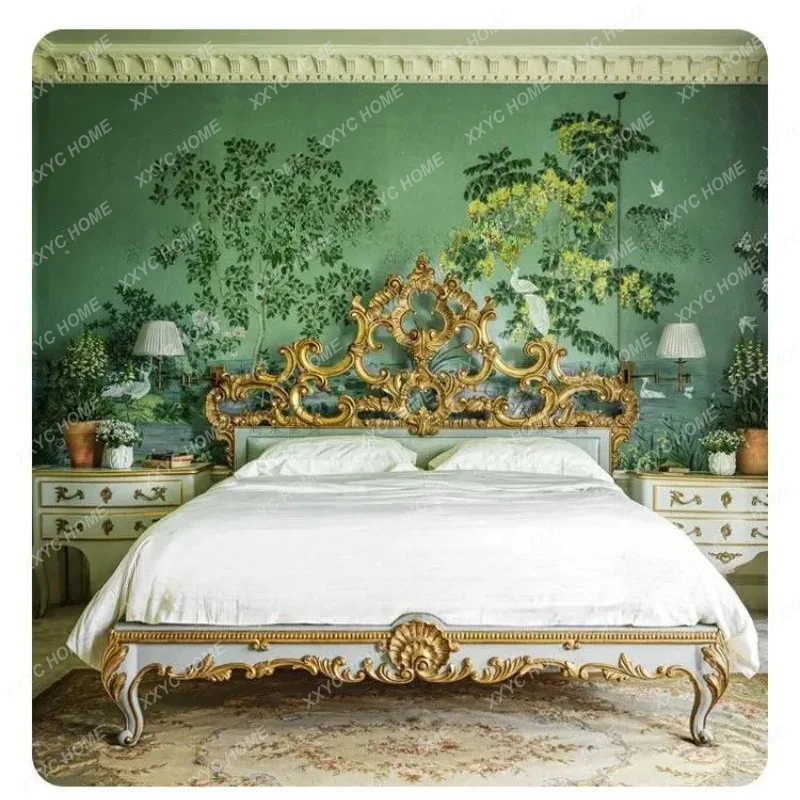 XX  light luxury solid wood bed antique hollow carved head master bedroom wedding bed retro simple bed