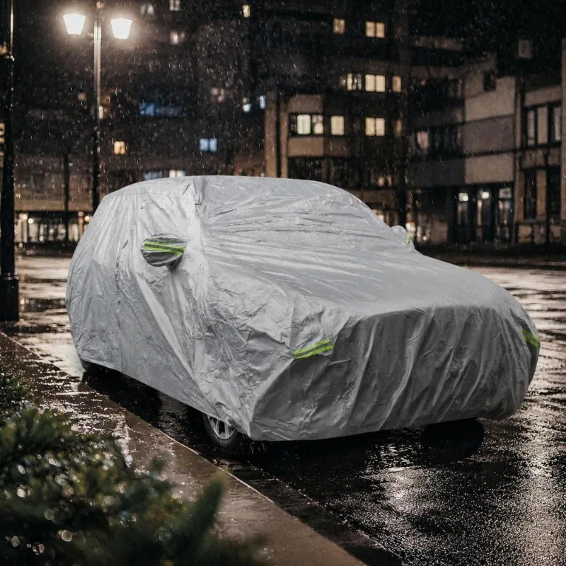 Housse de Voiture Trois Couches en Aluminium, PE et Coton 492 x 191 x 154 cm, Résistante aux UV, à la Pluie et à la Neige, Bandes Réfléchissantes, Fermeture Éclair et Fixation par Boucle pour une Protection Optimale