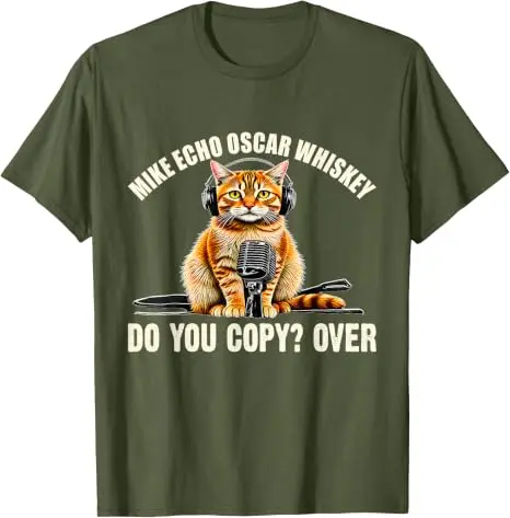Mike Echo Oscar Whiskey Do You Copy Funny Headphone Cat T Shirt Y2k Radio Operators Graphic Kitten Saying Tee Novelty Cotton Top