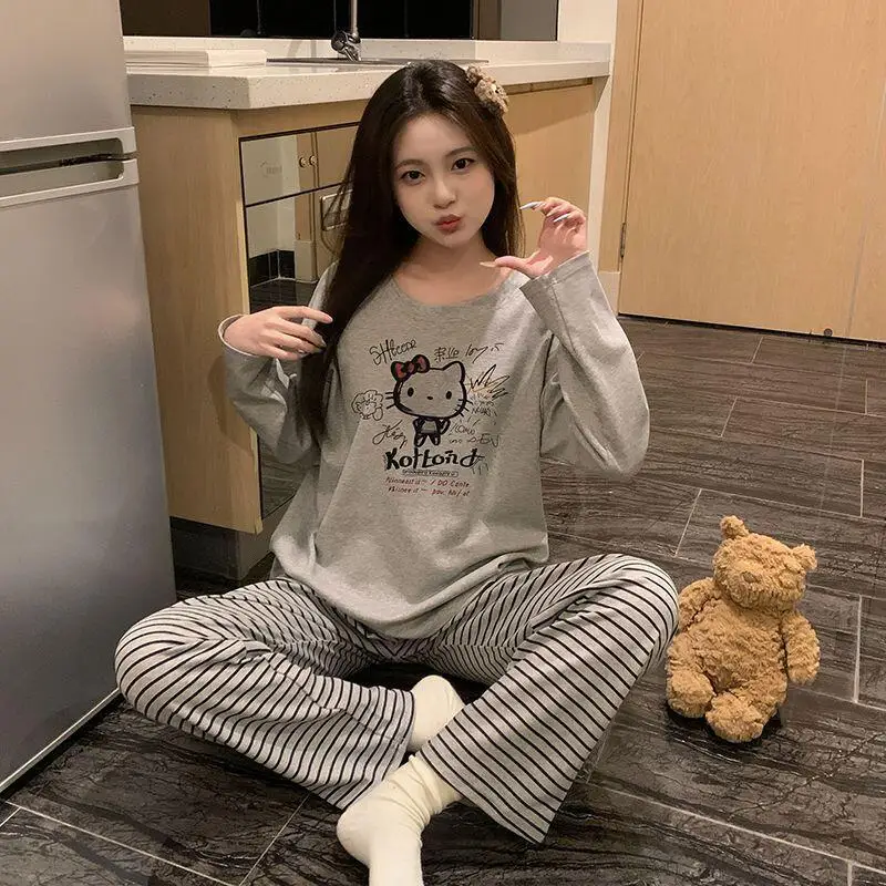 حار أنيمي مرحبا كيتي جديد المرأة منامة في سن المراهقة ملابس كاجوال الكرتون القط Kawaii نمط ملابس المنزل الفتيات طويلة الأكمام بنطلون