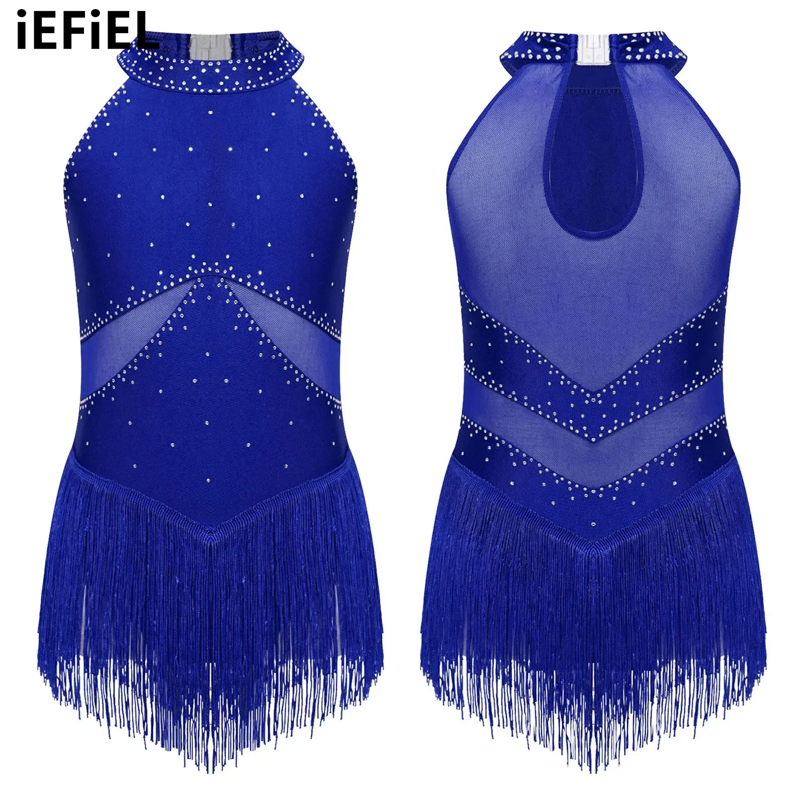 

Kids Girls Fringed Dance Leotard Glittery Rhinestones Sheer Mesh Patchwork Keyhole Back Tassel Bodysuit for Figure Skating