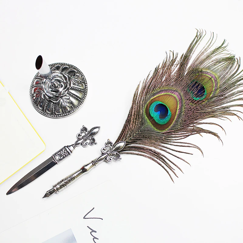 Vintage Peacock Quill Feather Dip Pen Fountain Writing Ink 5 Nibs Letter Opener Gift Box Calligraphy Stationery School Supplies