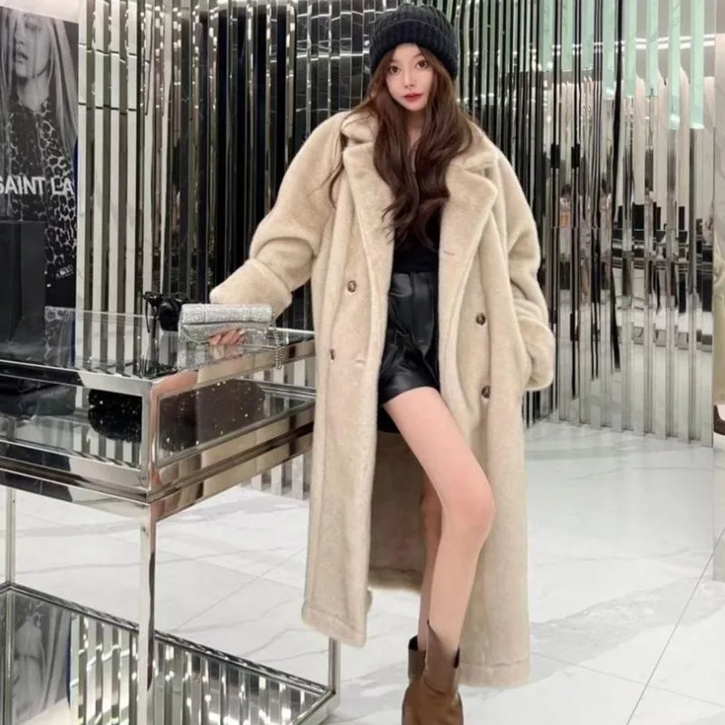 Imitation Mink Fur Overcoat Women Winter Thicken Thermal Double Breasted Faux Fur Coat Long Slim Fashion Casual Outwear 2023 New