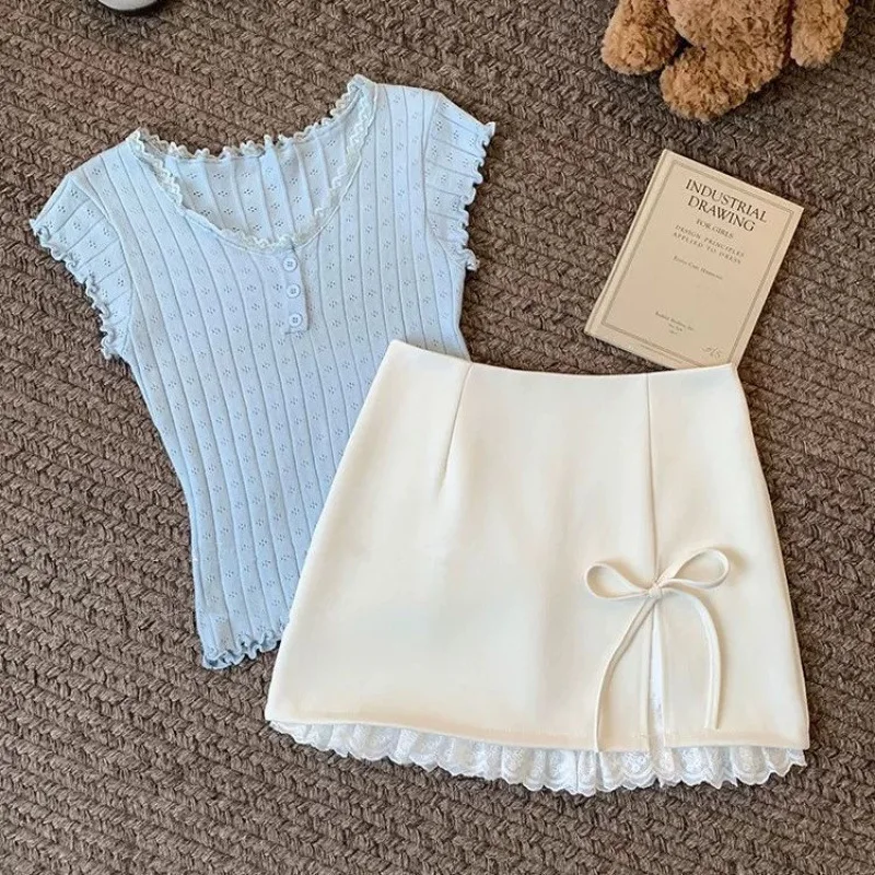 Korean Sweet Style Bow Strapped Skirt Women's Summer New Design Lace A Word Hip Short Skirt