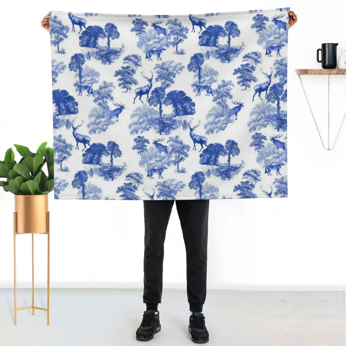 

Classic Blue French Toile Deer in Forest Countryside Pattern Throw Blanket Luxurious Soft Fuzzy Blanket for Sofa Bed