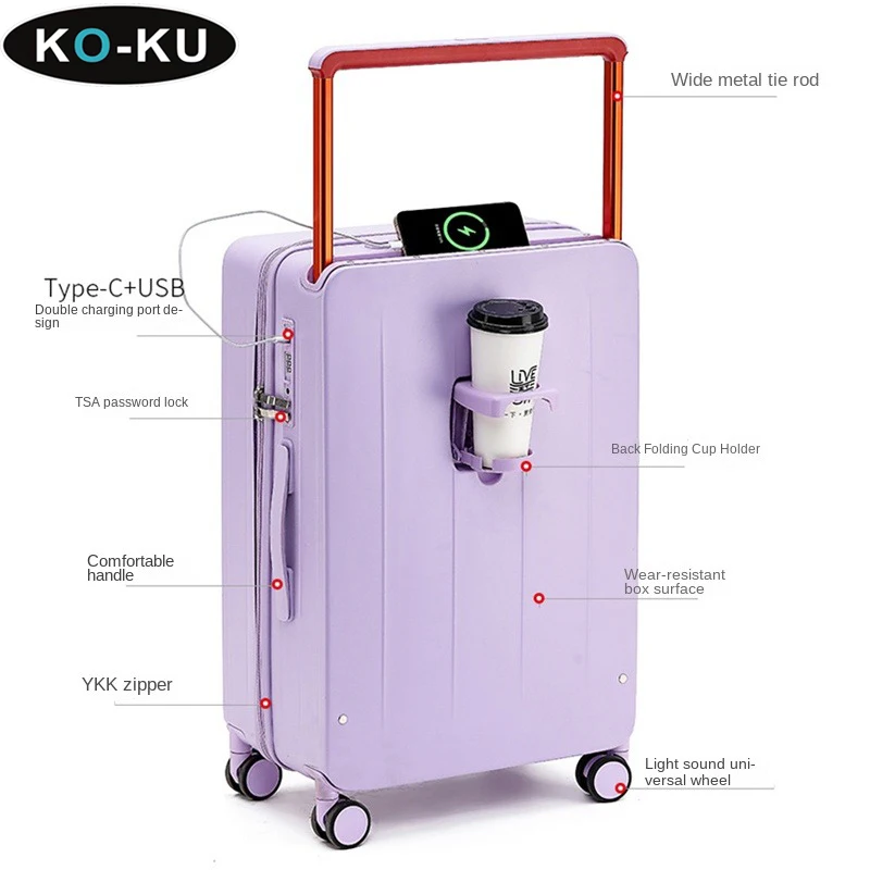 KO-KU Wide Handle Type-C Port Multifunctional Luggage 20\'\' Password Boarding Box Universal Wheel Suitcase 24/26Inch Trolley Case