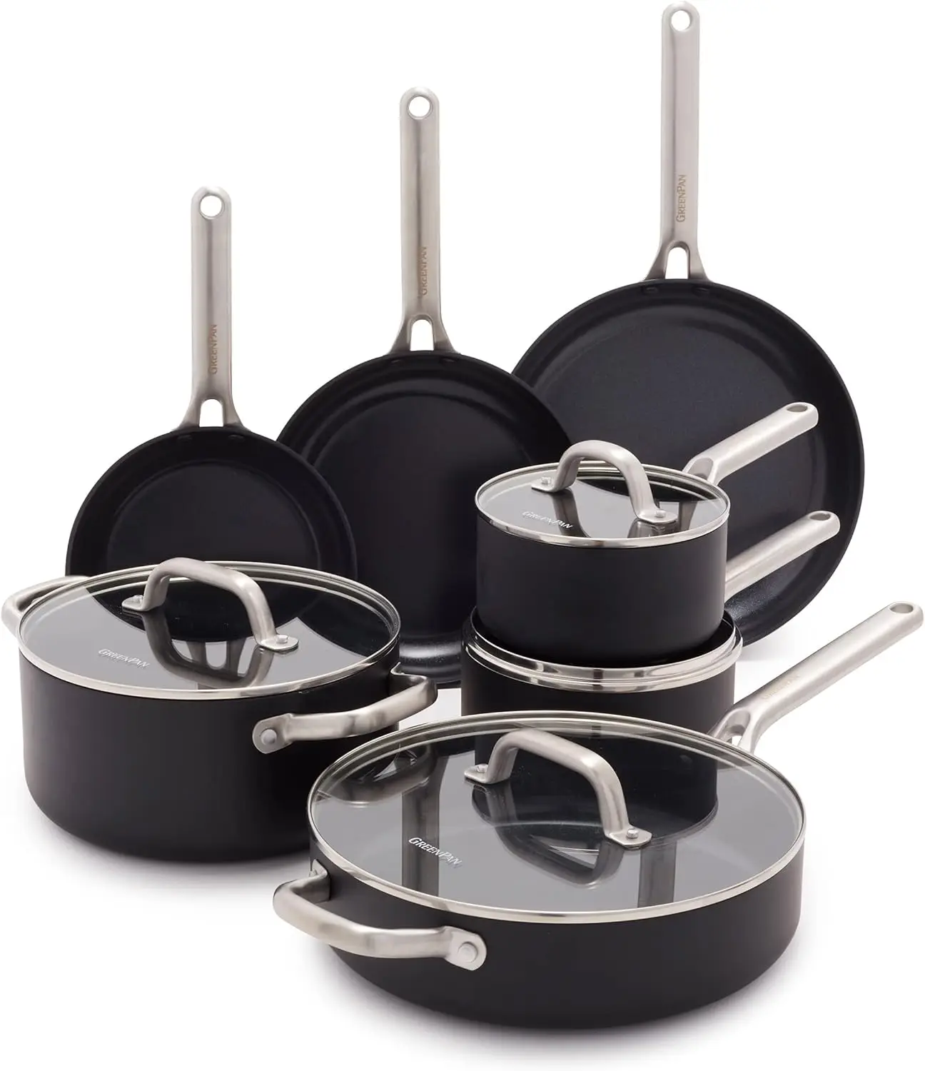 Hard Anodized Advanced Healthy Ceramic Nonstick,11 Piece Cookware Pots and Pans Set with Glass Lids, Anti-Warping Induction Base