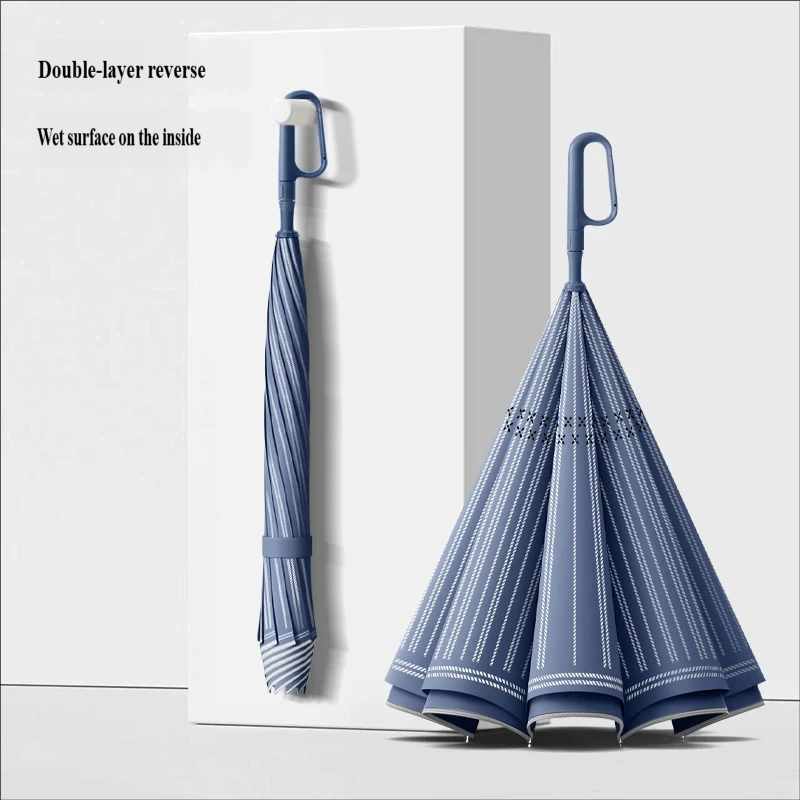 Japanese & Korean Style Double-Layer Automatic Inverted Car Umbrella with Ring Buckle, Dual-Use for Sunny & Rainy Days, Long Han