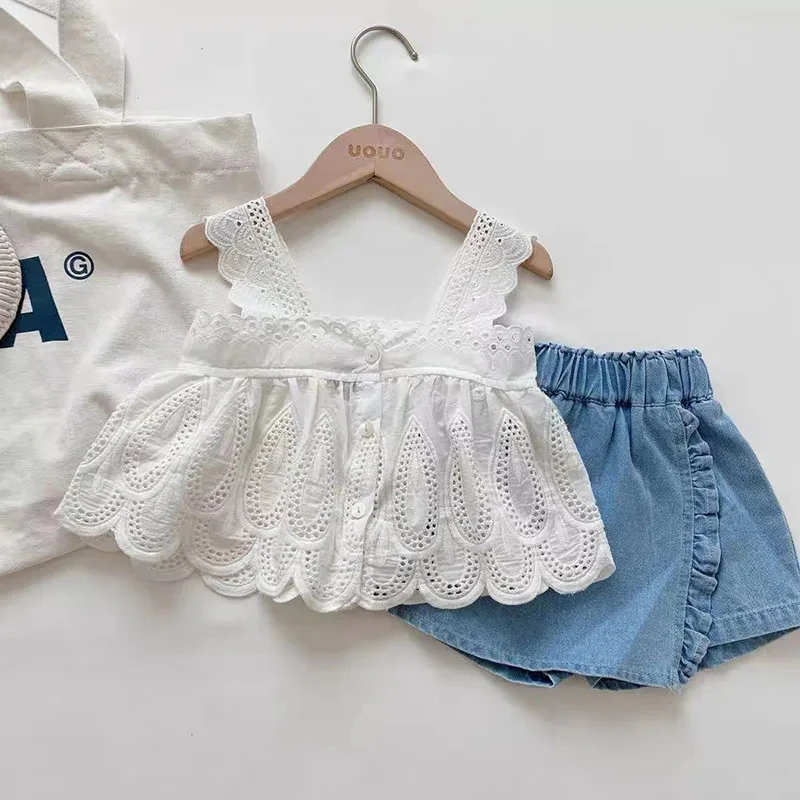 Girls Outfit Sets Summer Kids Clothes Girls Lace Edge Pure White Baby Girl  Casual White Suspender+Denim Skirt Children\'s