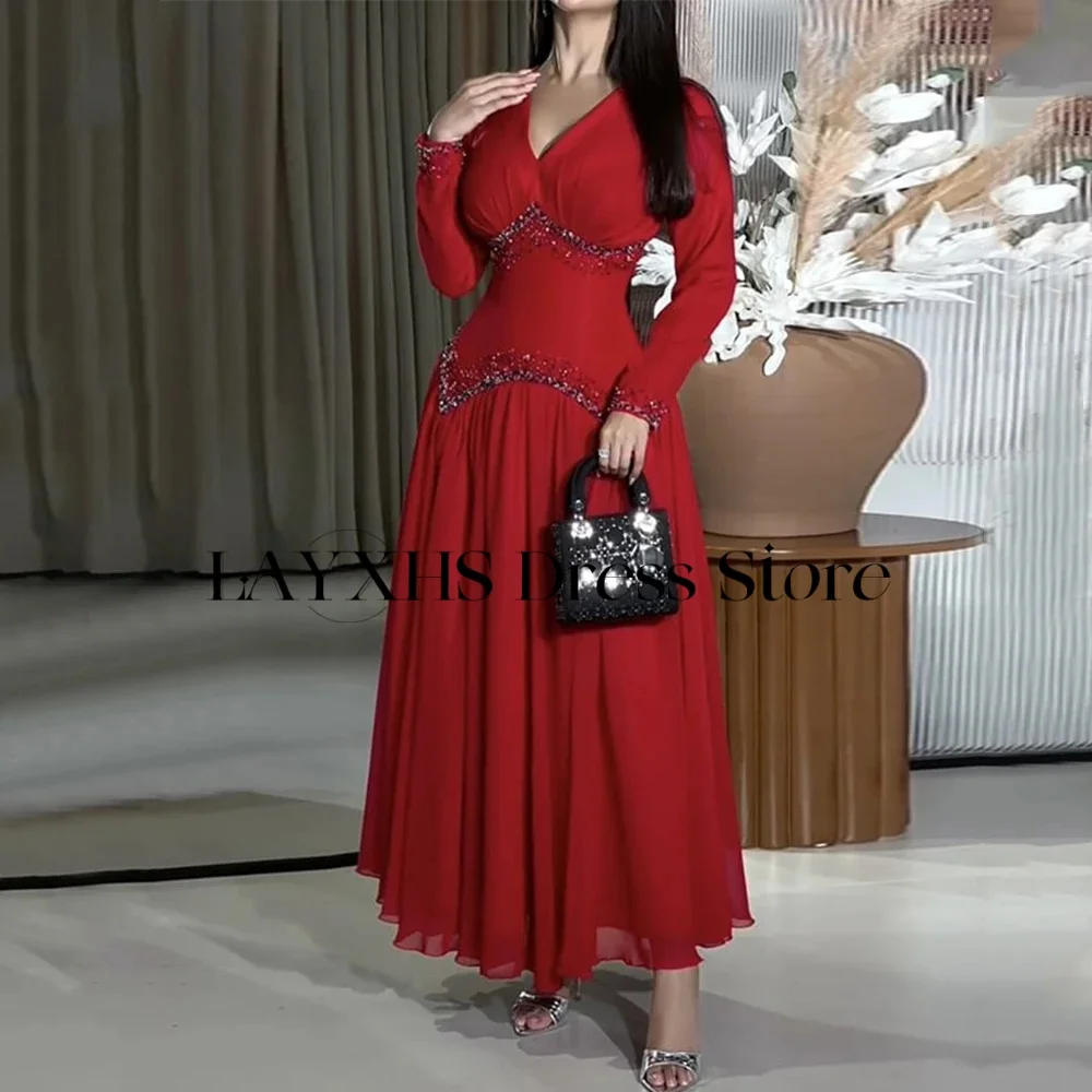 

LAYXHS Fashion Red V-Neck Evening Dresses A-Line Long Sleeves Beaded Ankle-Lenght Prom Dresses Customized فساتين سهره