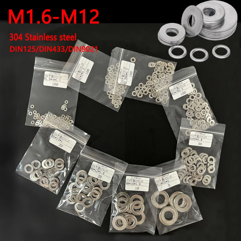 

505/310/108Pcs M1.6 M2 M2.5 M3 M4 M5 M6 M8 M10 M12 Gasket 304 Stainless Steel Flat Washer Pad Plain Gasket Assortment
