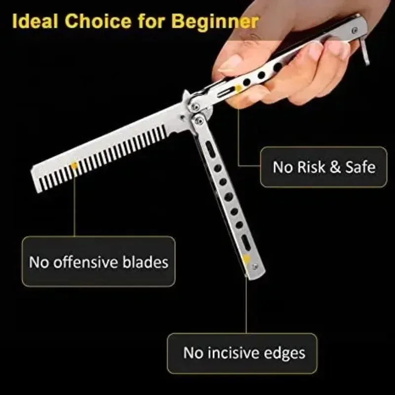 Foldable Comb Stainless Steel Practice Training Butterfly Knife Comb Beard Moustache Brushe Salon Hairdressing Styling Tool