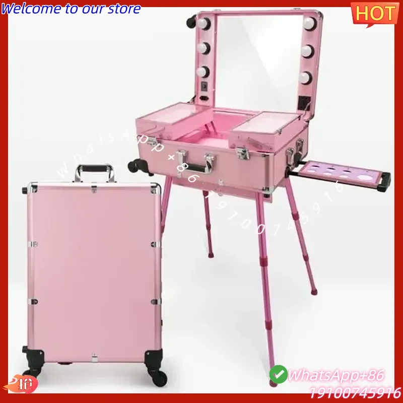 2026CE Wholesale Portable Makeup Train Case with LED Light Mirror Box with Tripod Stand for Salon