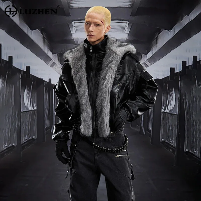 LUZHEN 2025 شتاء جديد جودة عالية فو الفراء المرقعة الرقبة الدافئة الجلود معطف مبطّن الرجال موضة الشارع وسيم سترة JY5337