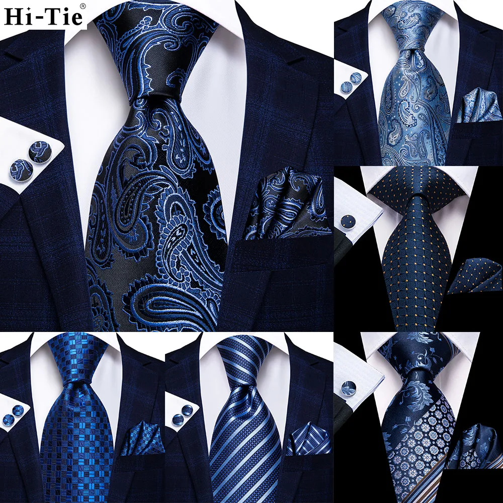 

Black Blue 63inches Silk Mens Tie Set Extra Long Ties for Men Handkerchief Woven Classic160cm Men Necktie Pocket Square Hi-Tie