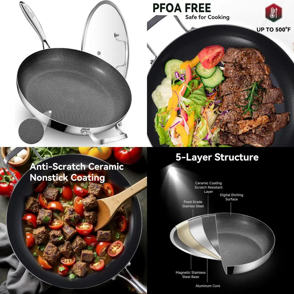 

Ceramic Coated Tri-Ply Stainless Steel 13-Inch Nonstick Frying Pan with Lid, Large Skillet for Induction Cooking, PFOA Free Chef