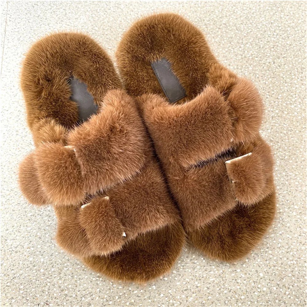 New Women's Fur Slippers For Woman Real Mink Slipper Warm Soft Outdoor Fur Open Toe Slippers Round Head Flat With Fur Mink Shoes