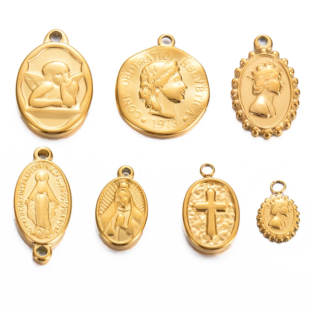 3pcs Retro Stainless Steel Blessed Virgin Mary Pendants Base Gold Queen Elizabeth Charm DIY Connecting Crafts Findings Jewelry