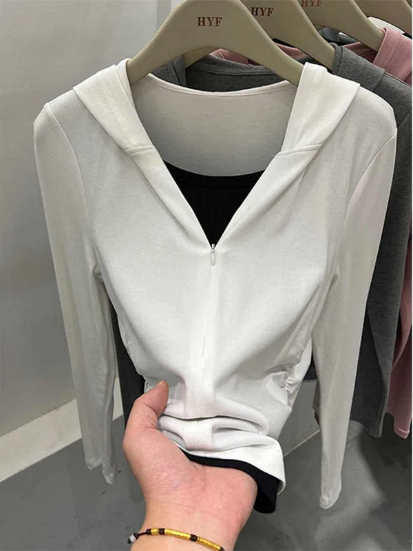 Damska długa bluza z kapturem, patchworkowy dół, nowa kolekcja wiosenna, swobodny styl, wygodna, włókno poliestrowe, zapinana na zamek.