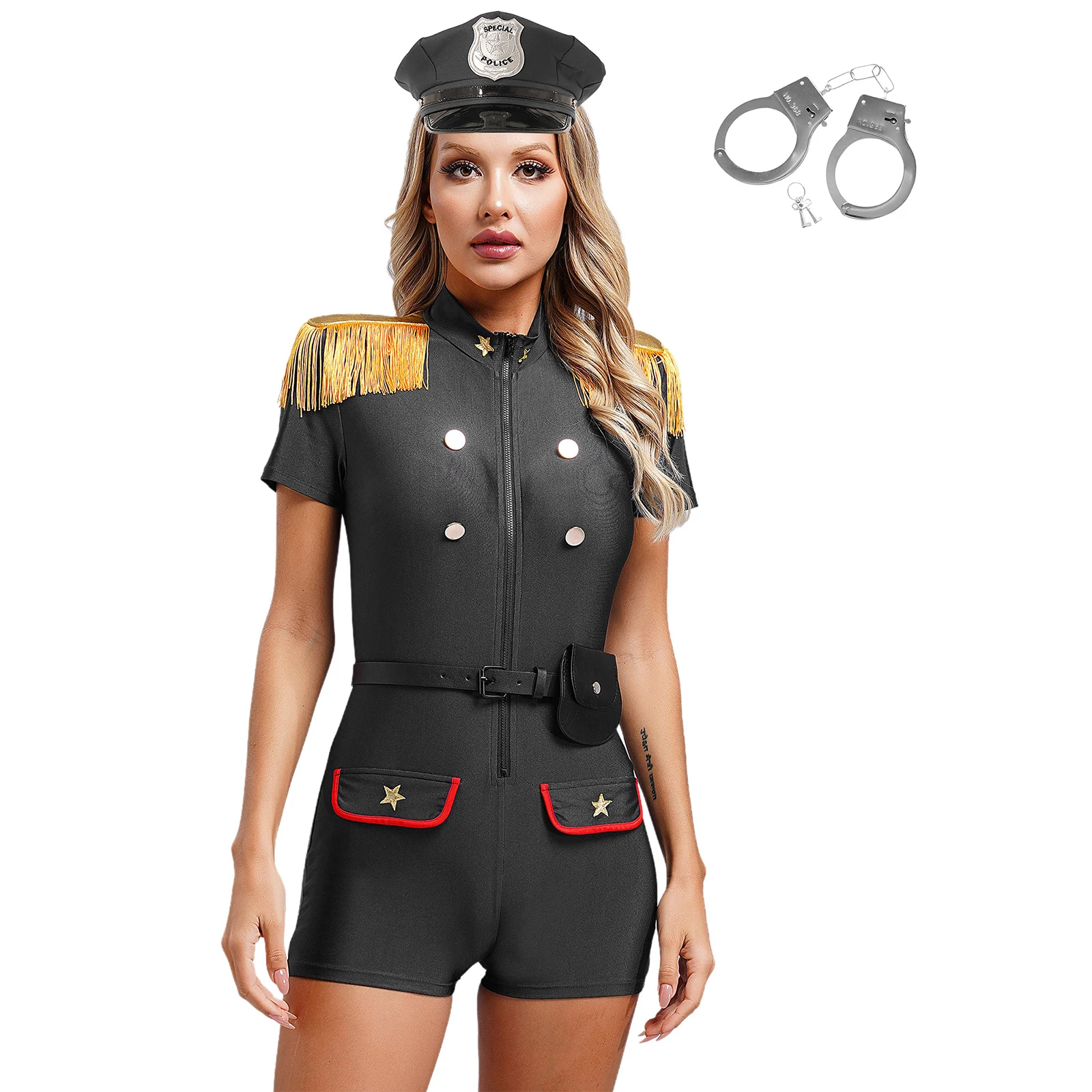 Womens Cop Policewoman Cosplay Costume Themed Party Police Uniform Set Tassel Epaulette Gold Buttons Roleplay Bodysuit Dress Up