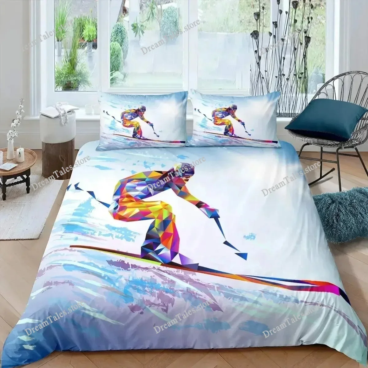 Ski Sports Duvet Cover Set Full Size Winter Sports Skiing Bedding Sets Snow Mountain Landscape Comforter Cover for Boys Girls369