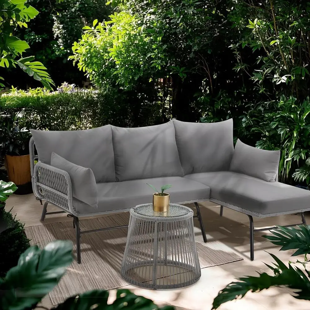 

All-Weather Outdoor Patio Furniture Set: L-Shaped Rattan Sofa with Cushions and Glass Coffee Table for Backyard, Porch, Poolside