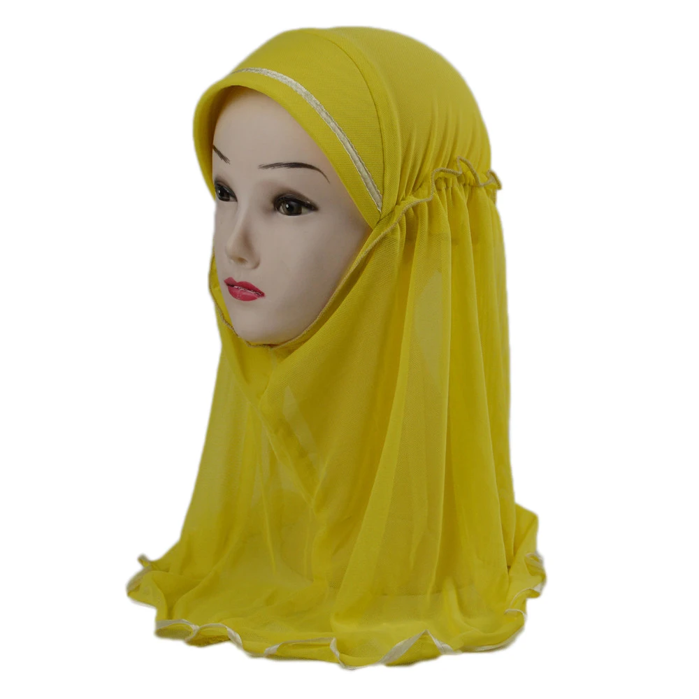 Muslim Girls Kids Amira Hijab Pull On Islamic Scarf Shawls Beautiful Lace Head Cover Bonnet Headscarf for 2 to 6 years old Girls