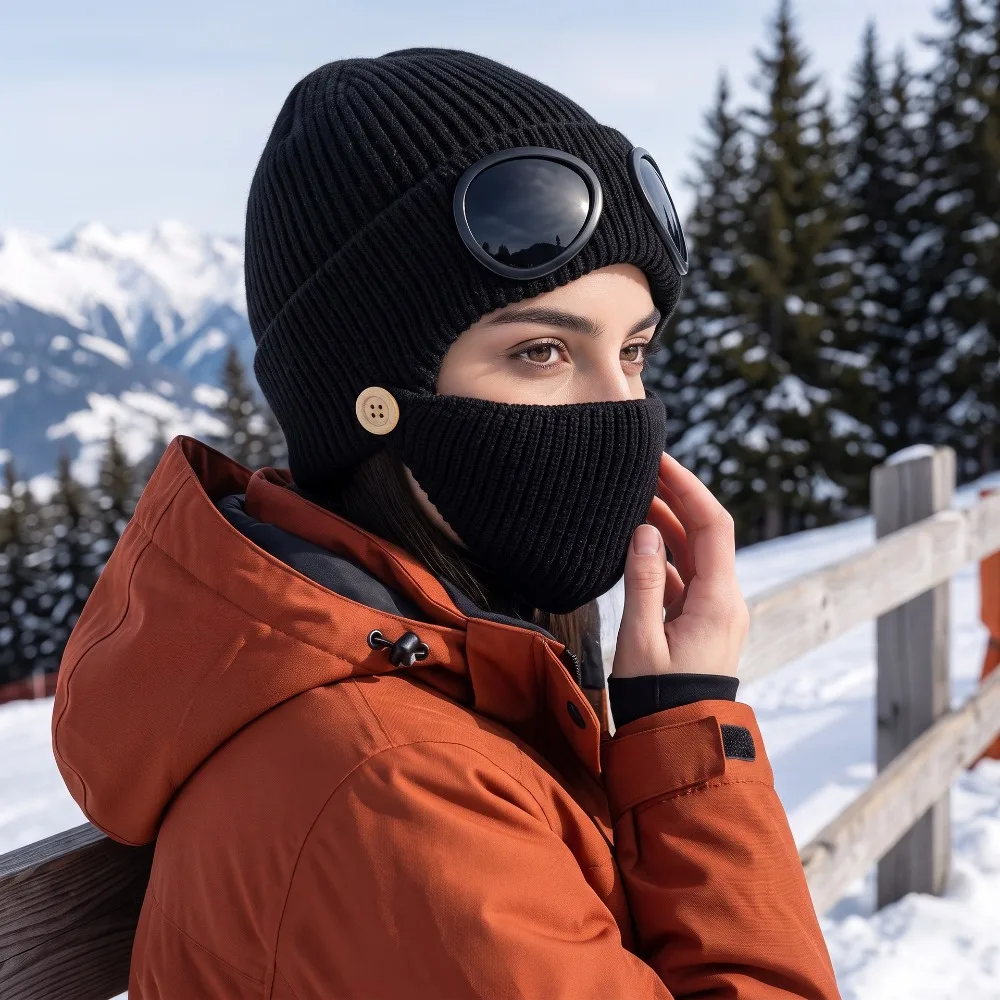 2026 New Unisex Men Women Knitted Hat with Goggles Windproof Winter Warmer Ski Beanies Soft Warm Anti-slip Ear Outdoor Sport Cap