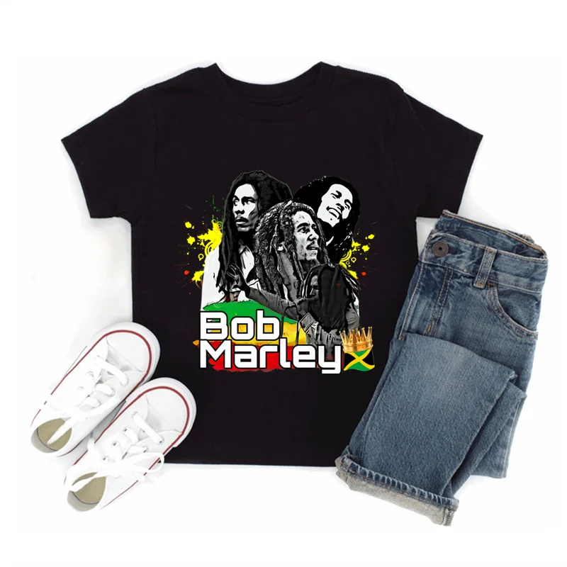 Jamaica Singer Bob Marley Reggae Rastafari Print Kids T shirt Baby Girls Clothes Summer Children Tops Cotton Black Boys T-shirts