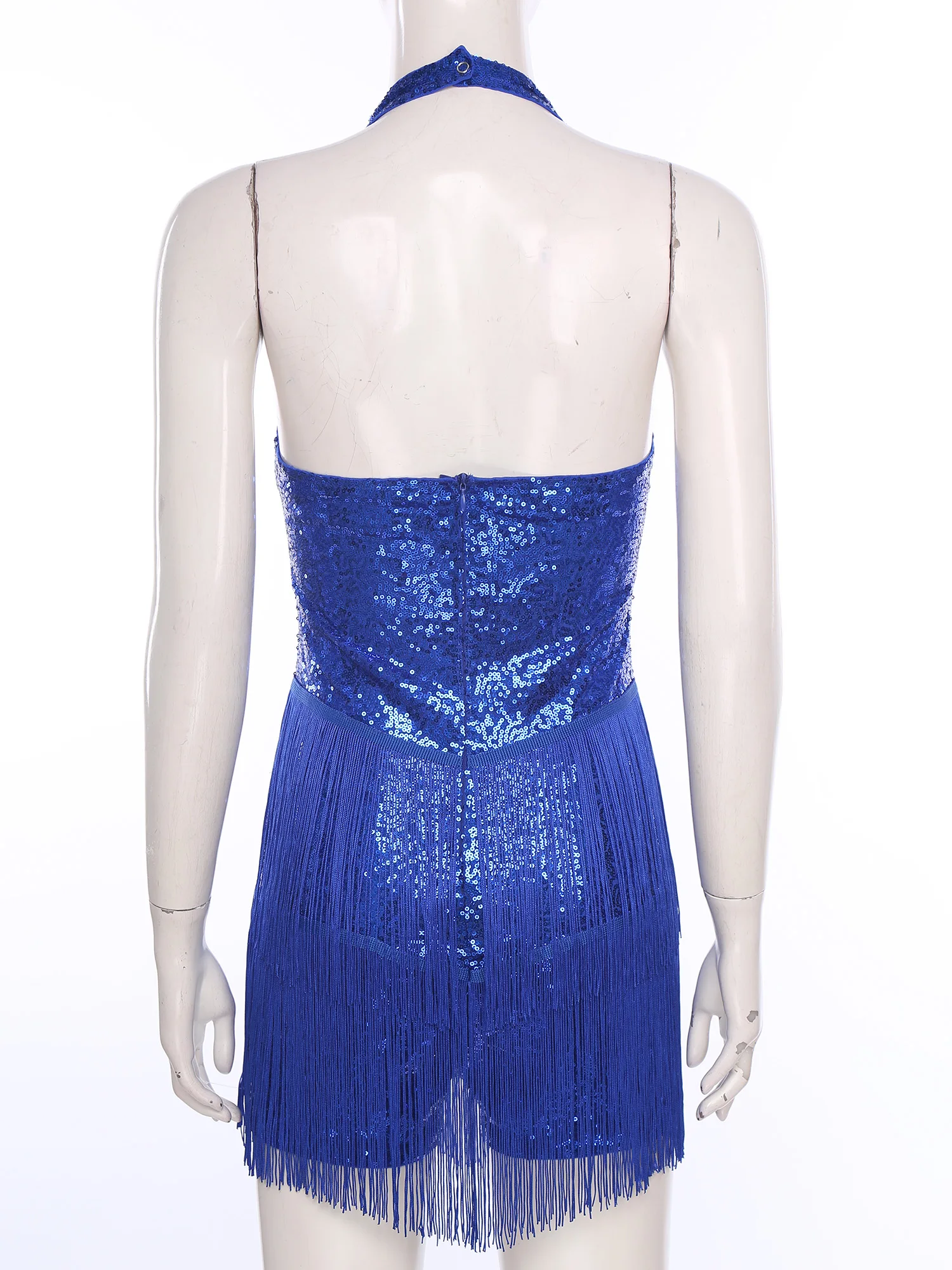 สตรี Glittery เลื่อมบอดี้สูท Rompers Halter Plunging Backless ฉัตรพู่ Fringe Jumpsuit Playsuit Disco Dance Clubwear