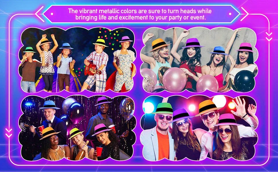 12-teilige Partyhüte im Neon-Mafia-Stil – helle Kleiderhüte für Gangster, Musik, Disco, Geburtstag, Fotokabinen-Requisiten und Gefälligkeiten – Detail 2