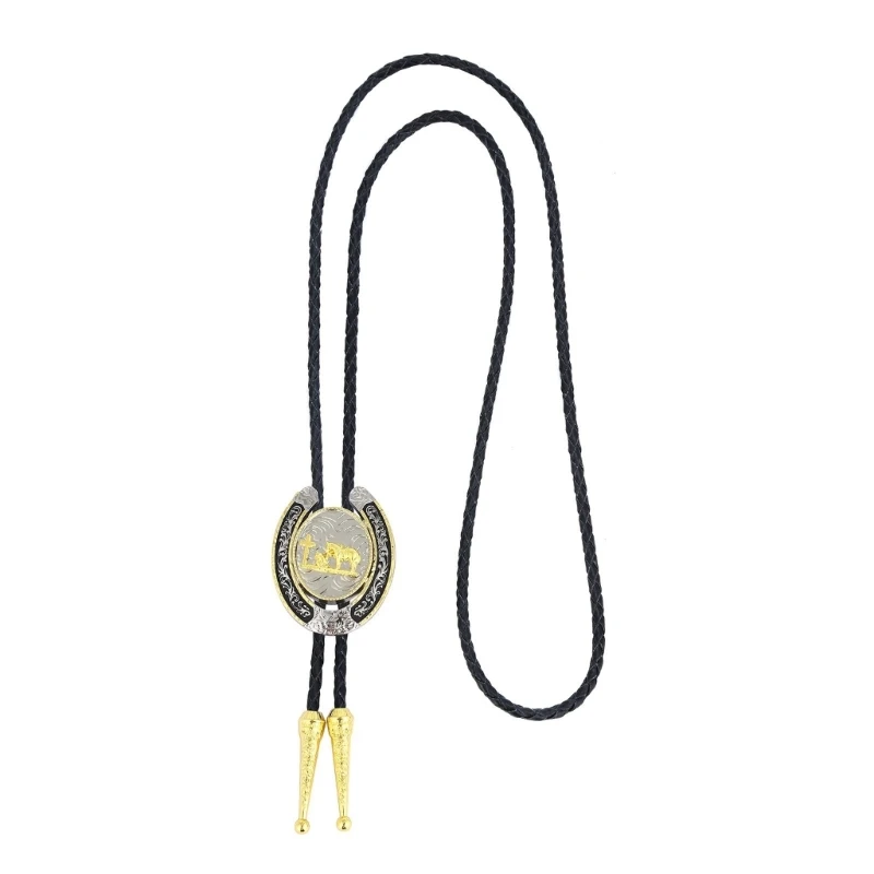 F42F Mens American Braided Leather Rope Bolo Tie Necktie Metal Gold Color Boot Prayer Pendant Cowboy Western Necklace