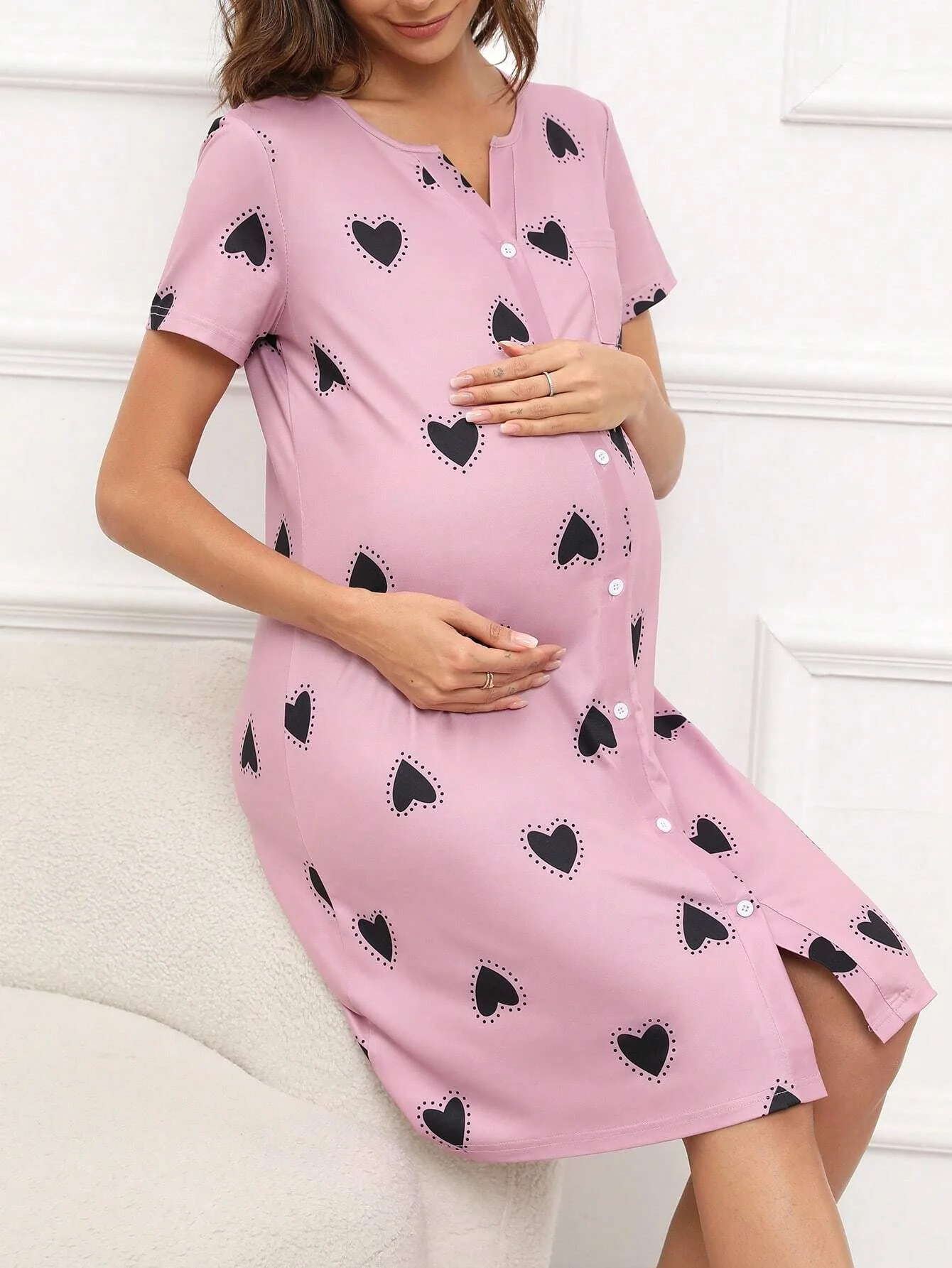 Pregnant women\'s home pajamas, pink pajamas, short sleeved skirts, dresses