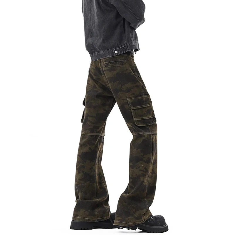 Vintage Camouflage Large Pocket Men Denim Trousers High Street Versatile Slim Fit Straight Leg Bootcut Jeans Male Cargo Pants