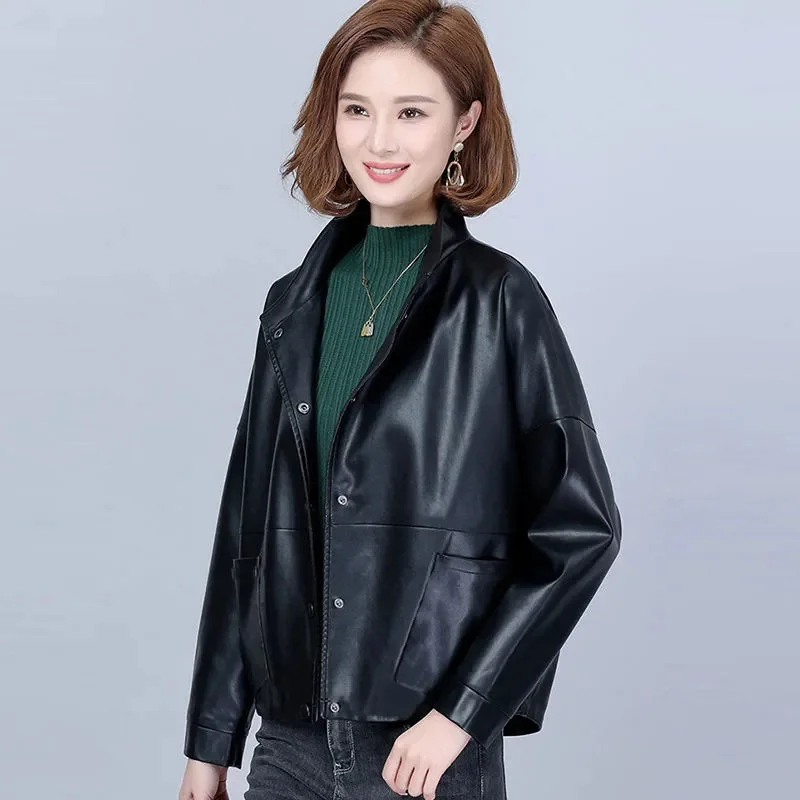 High-Quality PU Leather Jacket Women's 2025 Spring Autumn New Coat Short Korean Outwear Imitation Sheepskin Loose Ladies Tops