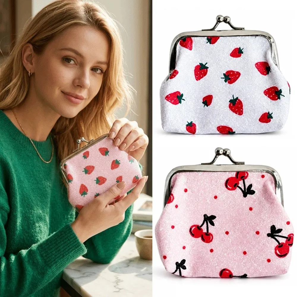 New Fruit Pattern Coin Purse Hasp Closure Strawberry Cherry Print Lipstick Pouch Multifunctional Small Wallet Card Storage